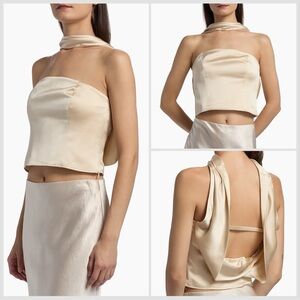 New Reformation Sallie Almond Cream Silk Crop Top draped back size 6 small
